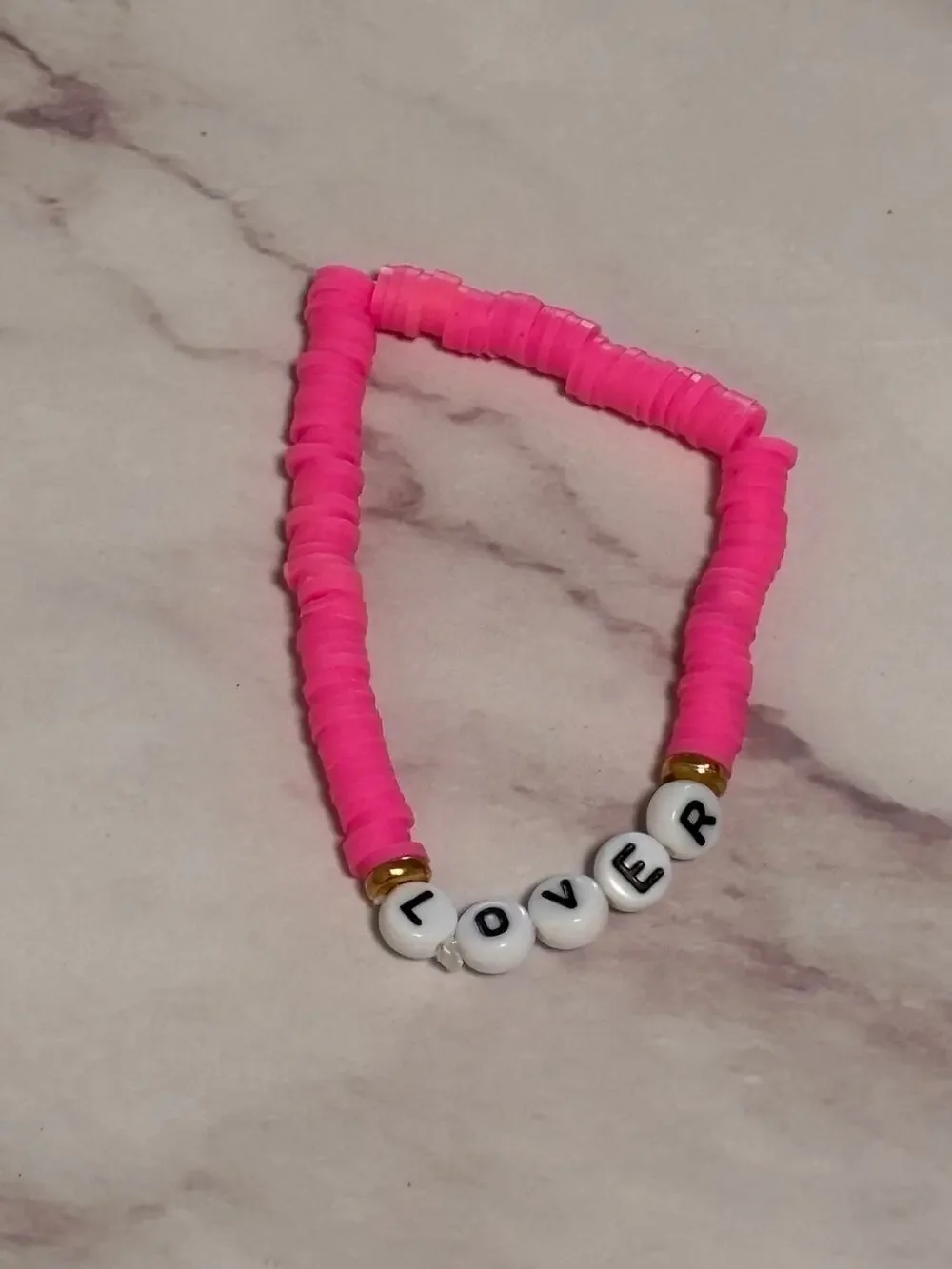 Lover Hot Pink Heishi Word Bracelet 7 Inch Polymer Clay Gold White Letter Beads